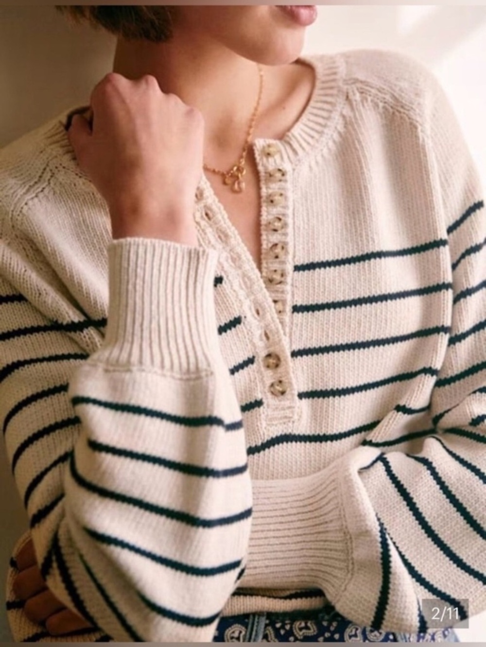 Sezane Leontine Henley Sweater Black Ecru Stripes